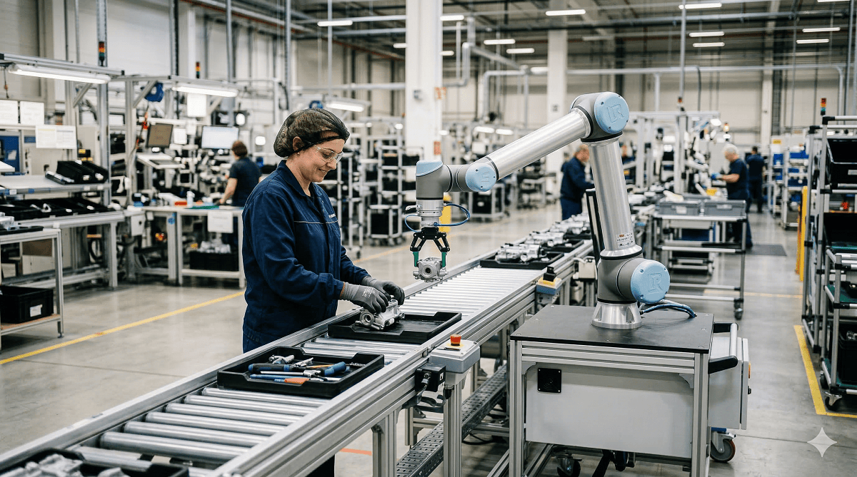 Ein Cobot arbeitet an einer Produktionslinie mit einem Mitarbeiter zusammen.